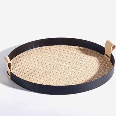 Mitri- Round Stainlesss Steel Tray With Leather- Beige