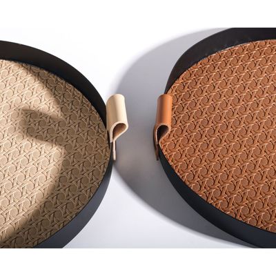 Mitri- Round Stainlesss Steel Tray With Leather- Beige