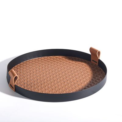 Mitri- Round Stainlesss Steel Tray With Leather- Tan