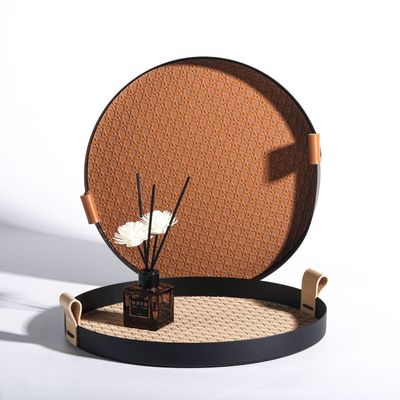 Mitri- Round Stainlesss Steel Tray With Leather- Tan