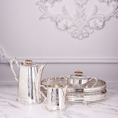 French Silver Plated Brass-4 Pc Tea/Coffee Serving Set By Quesera French Silver Plated Brass-4 Pc Tea/Coffee Serving Set By Quesera