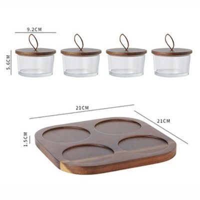 Glass Nut Jar Set With Wooden Tray- 4 Pc Set