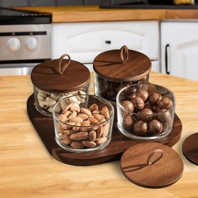 Glass Nut Jar Set With Wooden Tray- 4 Pc Set