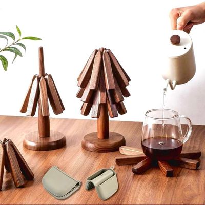 Natural Wooden Collapsible Tree Table Mats & Heating Pads With Premium Silicone Heat-Resistant Glove Set