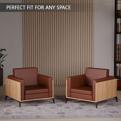 Stylish Single Seat Coco Bolo Wooden Sofa with Comfortable PU Cushion, Durable and Space Saving Design, Ideal for Home, Office, Living Room and Lounge Area - Brown