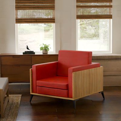 Stylish Single Seat Coco Bolo Wooden Sofa with Comfortable PU Cushion, Durable and Space Saving Design, Ideal for Home, Office, Living Room and Lounge Area - Red