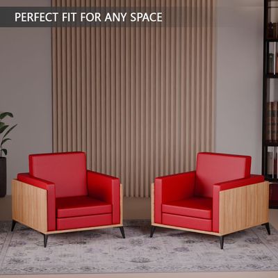 Stylish Single Seat Coco Bolo Wooden Sofa with Comfortable PU Cushion, Durable and Space Saving Design, Ideal for Home, Office, Living Room and Lounge Area - Red