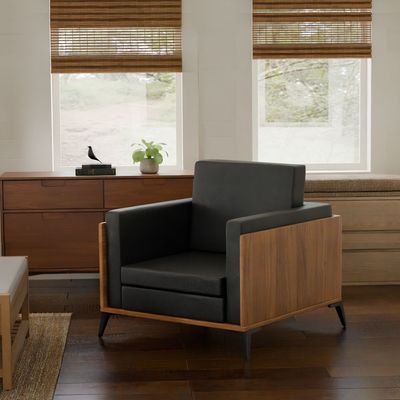 Stylish Single Seat Natural Dijon Walnut Wooden Sofa with Comfortable PU Cushion, Durable and Space Saving Design, Ideal for Home, Office, Living Room and Lounge Area - Black