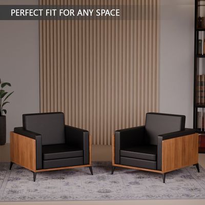 Stylish Single Seat Natural Dijon Walnut Wooden Sofa with Comfortable PU Cushion, Durable and Space Saving Design, Ideal for Home, Office, Living Room and Lounge Area - Black