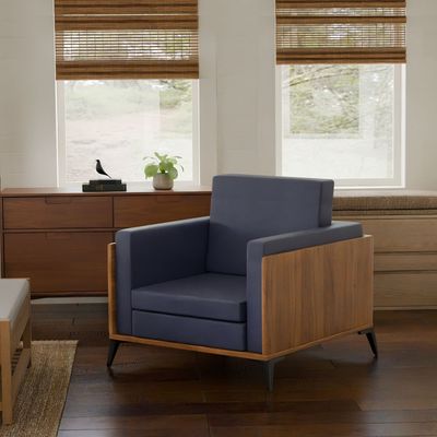 Stylish Single Seat Natural Dijon Walnut Wooden Sofa with Comfortable PU Cushion, Durable and Space Saving Design, Ideal for Home, Office, Living Room and Lounge Area - Blue