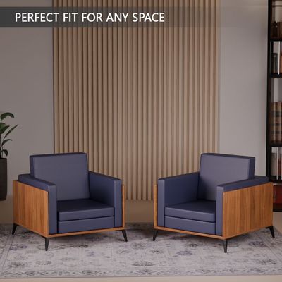 Stylish Single Seat Natural Dijon Walnut Wooden Sofa with Comfortable PU Cushion, Durable and Space Saving Design, Ideal for Home, Office, Living Room and Lounge Area - Blue