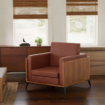 Stylish Single Seat Natural Dijon Walnut Wooden Sofa with Comfortable PU Cushion, Durable and Space Saving Design, Ideal for Home, Office, Living Room and Lounge Area - Brown