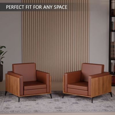 Stylish Single Seat Natural Dijon Walnut Wooden Sofa with Comfortable PU Cushion, Durable and Space Saving Design, Ideal for Home, Office, Living Room and Lounge Area - Brown