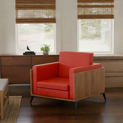 Stylish Single Seat Natural Dijon Walnut Wooden Sofa with Comfortable PU Cushion, Durable and Space Saving Design, Ideal for Home, Office, Living Room and Lounge Area - Red