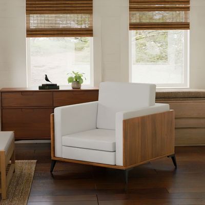 Stylish Single Seat Natural Dijon Walnut Wooden Sofa with Comfortable PU Cushion, Durable and Space Saving Design, Ideal for Home, Office, Living Room and Lounge Area - White