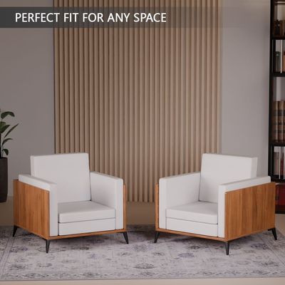 Stylish Single Seat Natural Dijon Walnut Wooden Sofa with Comfortable PU Cushion, Durable and Space Saving Design, Ideal for Home, Office, Living Room and Lounge Area - White