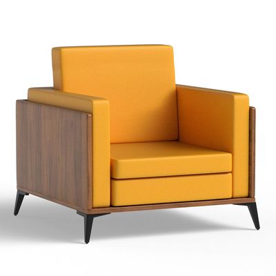 Stylish Single Seat Natural Dijon Walnut Wooden Sofa with Comfortable PU Cushion, Durable and Space Saving Design, Ideal for Home, Office, Living Room and Lounge Area - Yellow