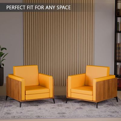 Stylish Single Seat Natural Dijon Walnut Wooden Sofa with Comfortable PU Cushion, Durable and Space Saving Design, Ideal for Home, Office, Living Room and Lounge Area - Yellow