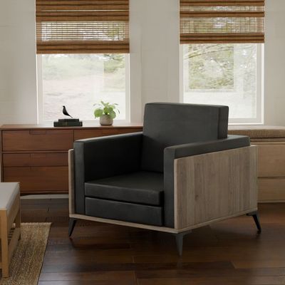 Stylish Single Seat Truffle Davos Oak Wooden Sofa with Comfortable PU Cushion, Durable and Space Saving Design, Ideal for Home, Office, Living Room and Lounge Area - Black