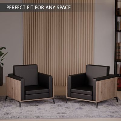 Stylish Single Seat Truffle Davos Oak Wooden Sofa with Comfortable PU Cushion, Durable and Space Saving Design, Ideal for Home, Office, Living Room and Lounge Area - Black