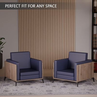 Stylish Single Seat Truffle Davos Oak Wooden Sofa with Comfortable PU Cushion, Durable and Space Saving Design, Ideal for Home, Office, Living Room and Lounge Area - Blue