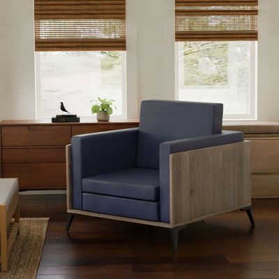 Stylish Single Seat Truffle Davos Oak Wooden Sofa with Comfortable PU Cushion, Durable and Space Saving Design, Ideal for Home, Office, Living Room and Lounge Area - Blue
