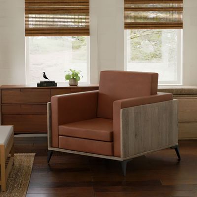 Stylish Single Seat Truffle Davos Oak Wooden Sofa with Comfortable PU Cushion, Durable and Space Saving Design, Ideal for Home, Office, Living Room and Lounge Area - Brown