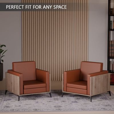 Stylish Single Seat Truffle Davos Oak Wooden Sofa with Comfortable PU Cushion, Durable and Space Saving Design, Ideal for Home, Office, Living Room and Lounge Area - Brown