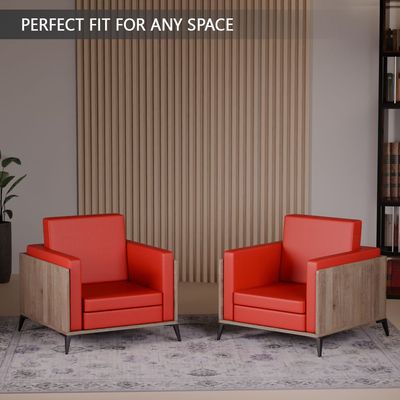 Stylish Single Seat Truffle Davos Oak Wooden Sofa with Comfortable PU Cushion, Durable and Space Saving Design, Ideal for Home, Office, Living Room and Lounge Area - Red