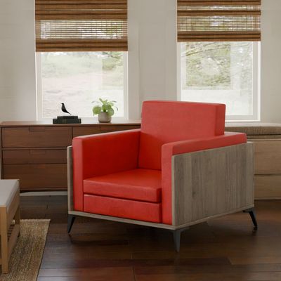 Stylish Single Seat Truffle Davos Oak Wooden Sofa with Comfortable PU Cushion, Durable and Space Saving Design, Ideal for Home, Office, Living Room and Lounge Area - Red