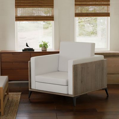 Stylish Single Seat Truffle Davos Oak Wooden Sofa with Comfortable PU Cushion, Durable and Space Saving Design, Ideal for Home, Office, Living Room and Lounge Area - White