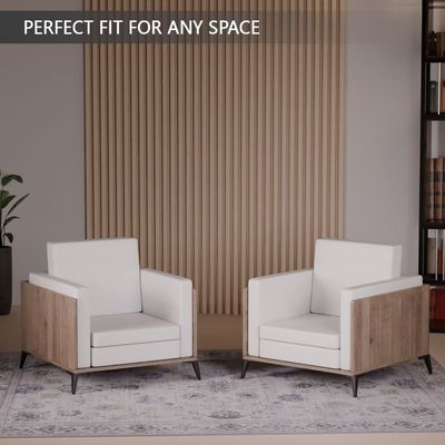 Stylish Single Seat Truffle Davos Oak Wooden Sofa with Comfortable PU Cushion, Durable and Space Saving Design, Ideal for Home, Office, Living Room and Lounge Area - White