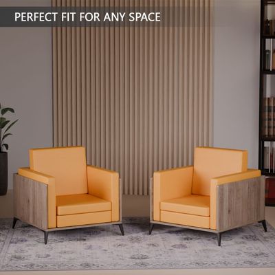 Stylish Single Seat Truffle Davos Oak Wooden Sofa with Comfortable PU Cushion, Durable and Space Saving Design, Ideal for Home, Office, Living Room and Lounge Area - Yellow