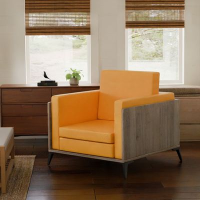 Stylish Single Seat Truffle Davos Oak Wooden Sofa with Comfortable PU Cushion, Durable and Space Saving Design, Ideal for Home, Office, Living Room and Lounge Area - Yellow