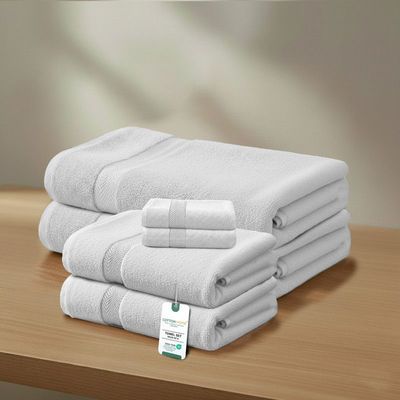 Premium Cotton Towel Set , 6-Piece  Towel Set Includes 2pc Face Towel 30x30cm,2pc Hand Towel 40x70cm, 2pc Bath Towel 70x140cm  , 600 GSM Quick Dry and Durable , White