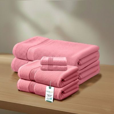Premium Cotton Towel Set 6-Piece  Towel Set Includes 2pc Face Towel 30x30cm,2pc Hand Towel 40x70cm, 2pc Bath Towel 70x140cm  , 600 GSM Quick Dry and Durable , Pink