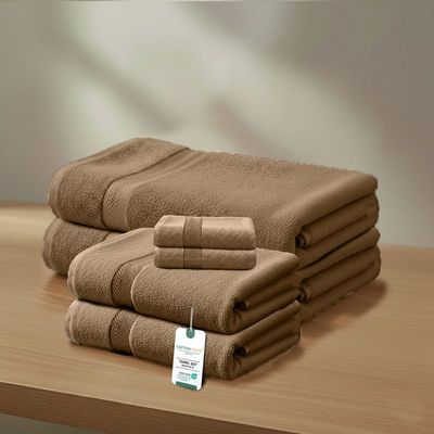 Premium Cotton Towel Set 6-Piece Towel  Set Includes 2pc Face Towel 30x30cm,2pc Hand Towel 40x70cm, 2pc Bath Towel 70x140cm  , 600 GSM Quick Dry and Durable , Brown