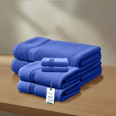 Premium Cotton Towel Set 6-Piece Towel Set Includes 2pc Face Towel 30x30cm,2pc Hand Towel 40x70cm, 2pc Bath Towel 70x140cm  , 600 GSM Quick Dry and Durable , Royal Blue