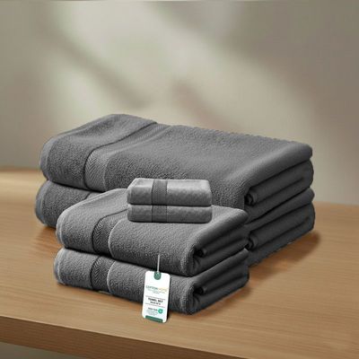 Premium Cotton Towel  Set 6-Piece Towel Set Includes 2pc Face Towel 30x30cm,2pc Hand Towel 40x70cm, 2pc Bath Towel 70x140cm  , 600 GSM Quick Dry and Durable , Grey