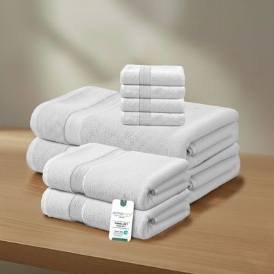 Premium Cotton Towel 8-Piece Set Includes 4pc Face Towel 30x30cm,2pc Hand Towel 40x70cm, 2pc Bath Towel 70x140cm  , 600 GSM Quick Dry and Durable , White