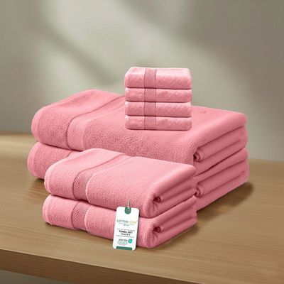 Premium Cotton Towel Set 8-Piece Towel Set Includes 4pc Face Towel 30x30cm,2pc Hand Towel 40x70cm, 2pc Bath Towel 70x140cm  , 600 GSM Quick Dry and Durable , Pink