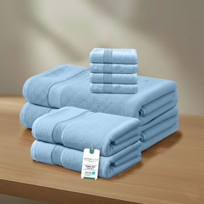Premium Cotton Towel Set 8-Piece Towel Set Includes 4pc Face Towel 30x30cm,2pc Hand Towel 40x70cm, 2pc Bath Towel 70x140cm  , 600 GSM Quick Dry and Durable , Blue