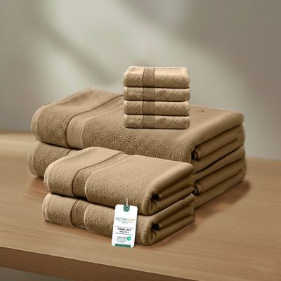 Premium Cotton Towel Set 8-Piece Towel Set Includes 4pc Face Towel 30x30cm,2pc Hand Towel 40x70cm, 2pc Bath Towel 70x140cm  , 600 GSM Quick Dry and Durable , Brown