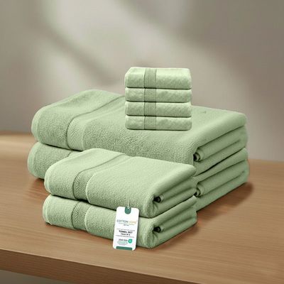 Premium Cotton Towel Set 8-Piece Towel Set Includes 4pc Face Towel 30x30cm,2pc Hand Towel 40x70cm, 2pc Bath Towel 70x140cm  , 600 GSM Quick Dry and Durable , Green