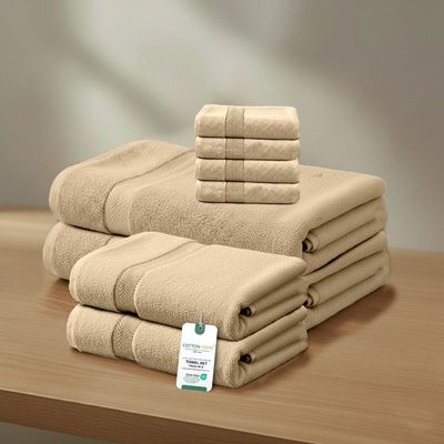 Premium Cotton Towel Set 8-Piece Towel Set Includes 4pc Face Towel 30x30cm,2pc Hand Towel 40x70cm, 2pc Bath Towel 70x140cm  , 600 GSM Quick Dry and Durable , Linen