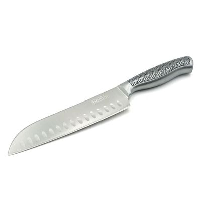 7 Inch Santoku Knife, High Carbon Stainless Steel Blade with Sleek Hollow Stainless Steel Handle, Precision Granton Edge for Chopping, Slicing, and Mincing, Stylish and Durable Kitchen Essential
