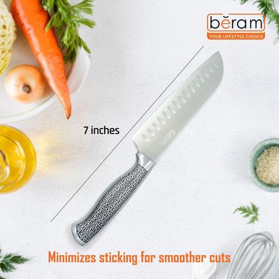 7 Inch Santoku Knife, High Carbon Stainless Steel Blade with Sleek Hollow Stainless Steel Handle, Precision Granton Edge for Chopping, Slicing, and Mincing, Stylish and Durable Kitchen Essential