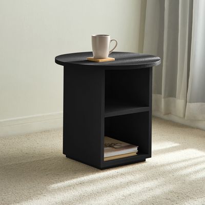 Seaside Side Table – Luxury Modern Round Accent Table with Storage Shelf for Living Room & Bedroom (Black)