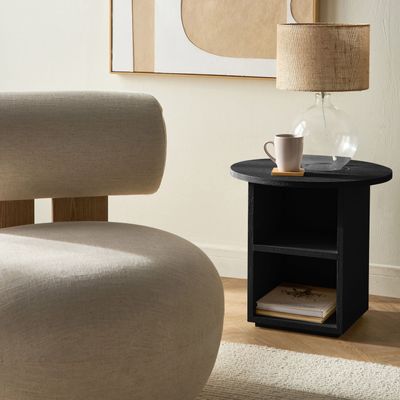 Seaside Side Table – Luxury Modern Round Accent Table with Storage Shelf for Living Room & Bedroom (Black)