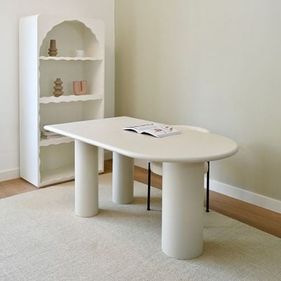 Riva Office Desk – Modern Writing Desk with Cylindrical Legs for Stylish Workspaces (Beige)